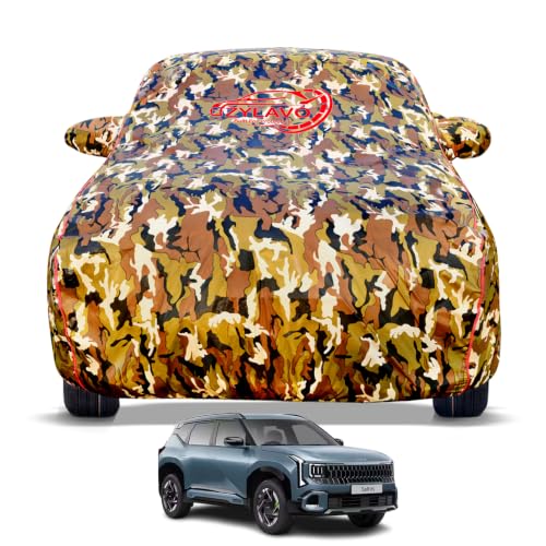 Image of Kia Seltos 2024-2026 Models 100% Waterproof Car Cover for All Weather Protection Mirror & Inner Cotton Triple Stitched Cover, Adjustable Belt Bottom Elastic to Secure Fit (Jungle Print)