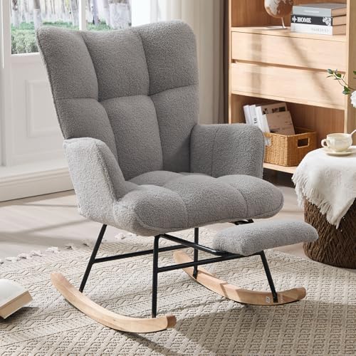 Allnifurv Nursery Rocking Chair with Footrest, Teddy Upholstered Glider Rocker with Side Pocket, Leisure Rocker Chair with High Back, Recliner Rocking Chair, Accent Reading Chair for Bedroom (Grey)