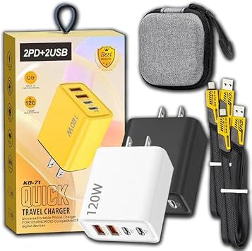 120w Dual Usb & Dual Type-C Fast Charger, All-New Upgraded Thermal Optimized Charger 120 Watt, with 59in Flat Braided Mechanical Style Multi-Function Cable, for Gaming Office Travel 2pcs,White&Black