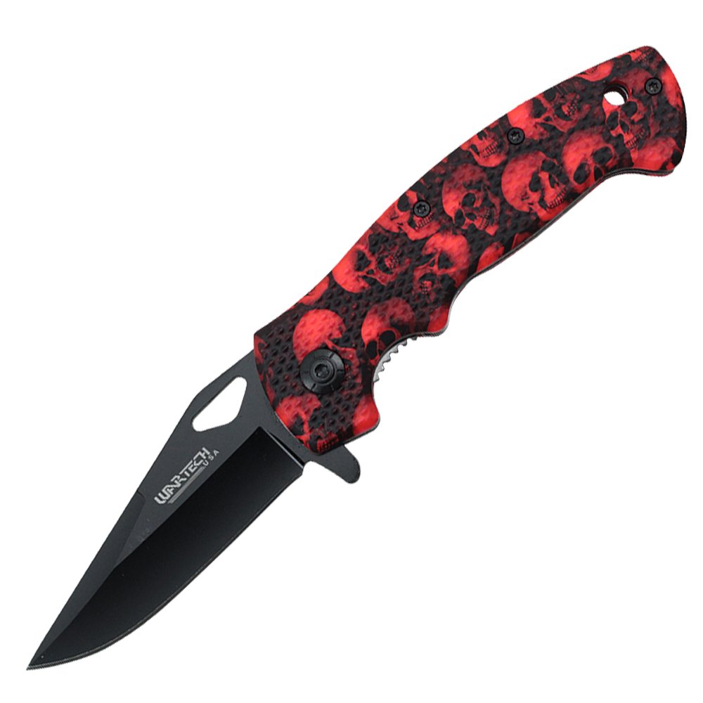 Spring assisted abs knife with skull print & textured grip handle (red) YC-S-9501-SRD