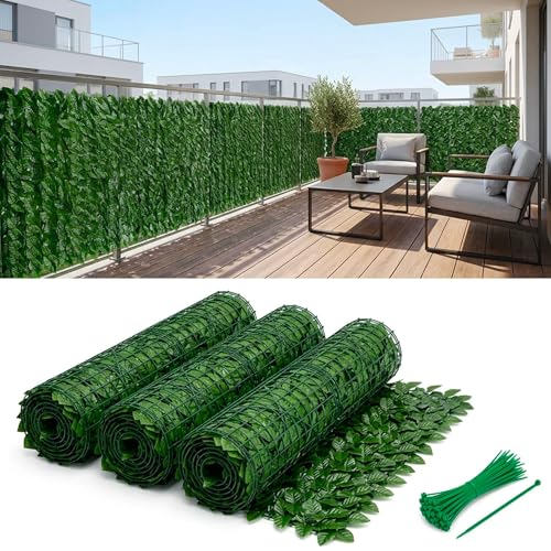 081 Store - Siepe Finta Frangivista Balcone 3 Rotoli 1x3 m – Rete Copri Ringhiera Privacy Alta Densità per Recinzione Giardino Esterno – Siepe Artificiale Realistica Anti UV con Fascette incluse