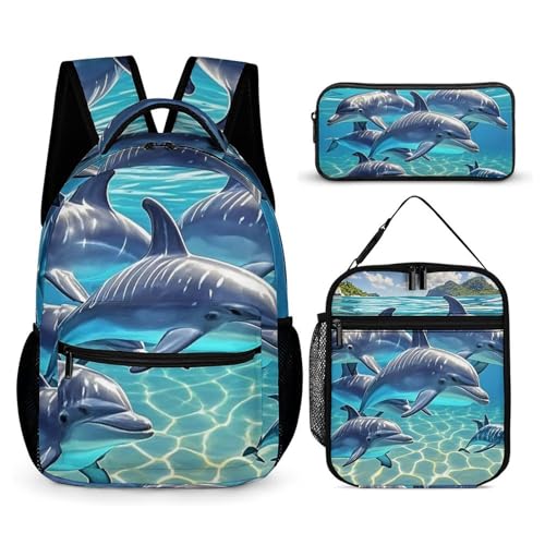 Dolphins Art Backpack Set 3 Piece, Durable Backpack Insulated Lunch Bag Portable Pencil Case for Men Women