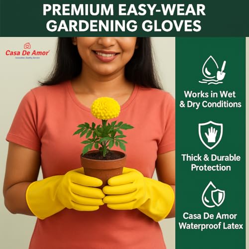 Image of Casa De Amor 18 Inch Long Heavy Duty Latex Rubber Gardening Gloves - Waterproof & Reusable Garden Gloves for Home, Farming, Agriculture & Dairy Use - 0.55mm Thick, Yellow (1 Pair)