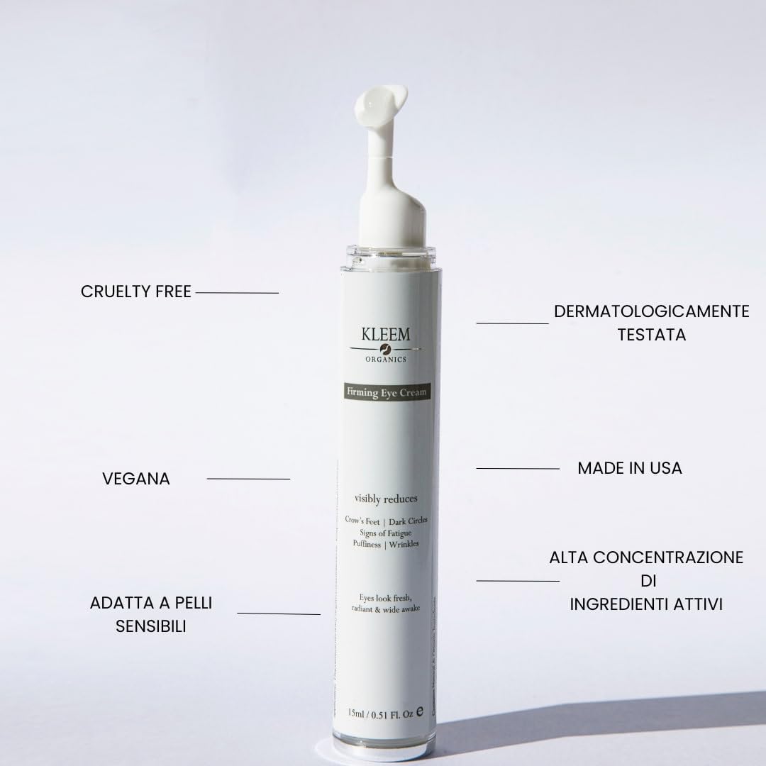 Kleem Crema Contorno Occhi Antirughe Dermatologicamente Testata - Formula Vegana a Tripla Azione Anti Age, Anti Borse, Anti Occhiaie con Peptidi e Caffeina – Donna e Uomo - 15ml