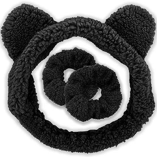 FROG SAC Spa Headband for Washing Face, Teddy Bear Skincare Makeup Headbands Matching Wrist Bands, Girls Fluffy Facewashing Skin Care Make Up Animal Head Band, Fuzzy Beauty Hair Accessories for Women