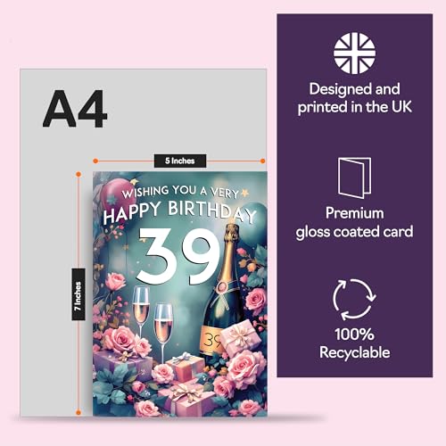 39th Birthday Card - Pink Presents Champagne Bottle - Gorgeous Pretty Beautiful Birthday Cards for 39 Year Old Woman Women, 5x7 Inch Greeting Cards Gift - Image 4