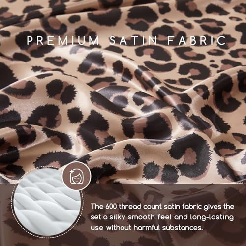 MR&HM Satin Bed Sheets with Elastic Corner Straps, Queen Size Sheets Set, 4 Pcs Silky Bedding Set with 15 Inches Deep Pocket for Mattress (Queen, Brown Leopard)