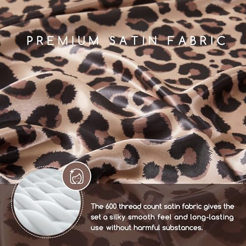 MR&HM Satin Bed Sheets with Elastic Corner Straps, Queen Size Sheets Set, 4 Pcs Silky Bedding Set with 15 Inches Deep Pocket for Mattress (Queen, Brown Leopard)