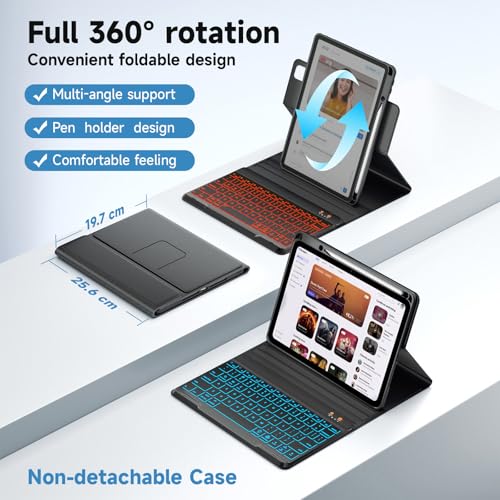 Image of BLUTLOTUS iPad 10.9 Air 5th /4th Gen Case with Keyboard, Pro 11 1st /2nd /3rd /4th, 360 Rotatable Case with Pencil Holder, 7 Color Backlit Wireless Detachable Keyboard Tablet Cover (Black)