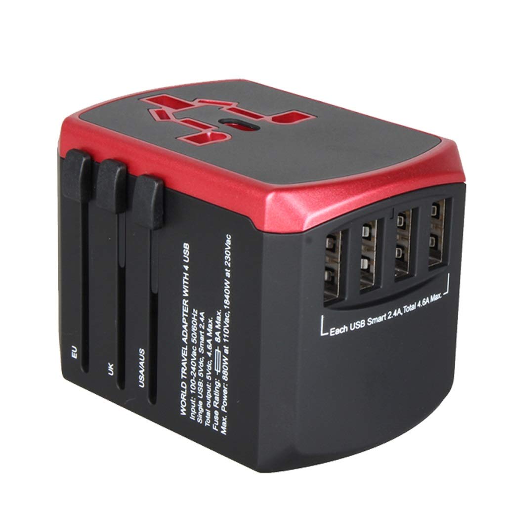 Gniazdo międzynarodowe przetwornice International Plug Converter, Uniwersalny zasilacz Worldwide z 4 Usb. Universal Socket Converter. adapter wtyczki zasilania (Color : Red)