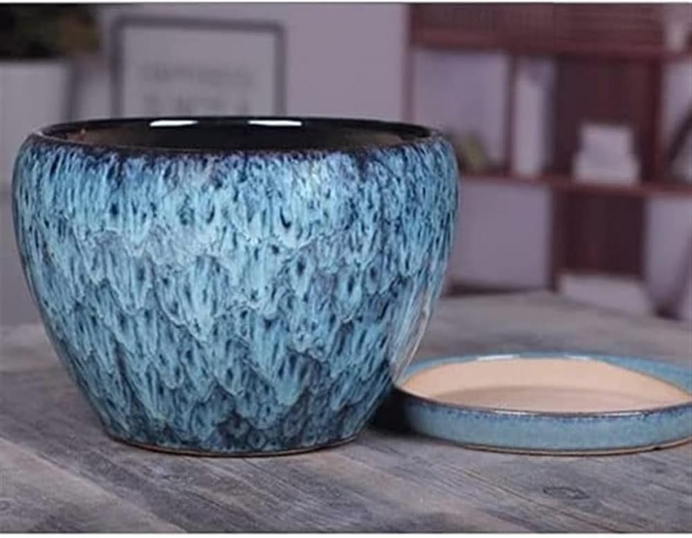 Pots de Fleurs en céramique avec Grain de Pierre Bleue, Pots de Plantes succulentes, Pots de bonsaï avec Plateau, Pots de Plantes Verts de Style Chinois, conteneurs de pl(16 * 12.5CM)