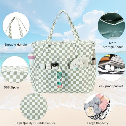 Image of LEDAOU Large Beach Bag Women Waterproof Sandproof Zipper Beach Tote Pool Bag for Swim Gym Grocery Travel with Wet Pocket