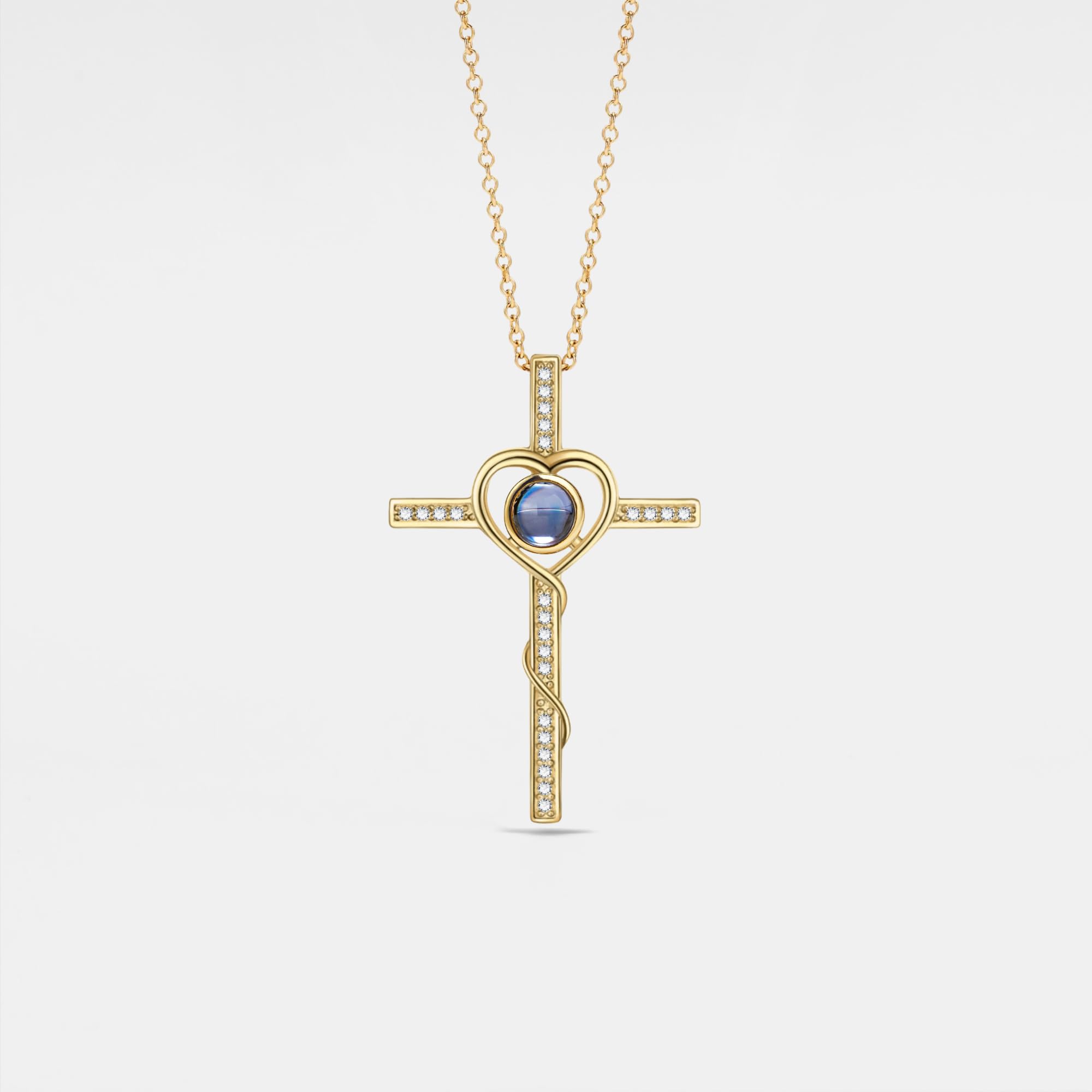 PERIMADE Collana con immagine personalizzata con proiezione di croce con ciondolo con foto commemorativa, testo personalizzato e amore in 100 lingue Collana con ciondolo a forma di cuore in argento