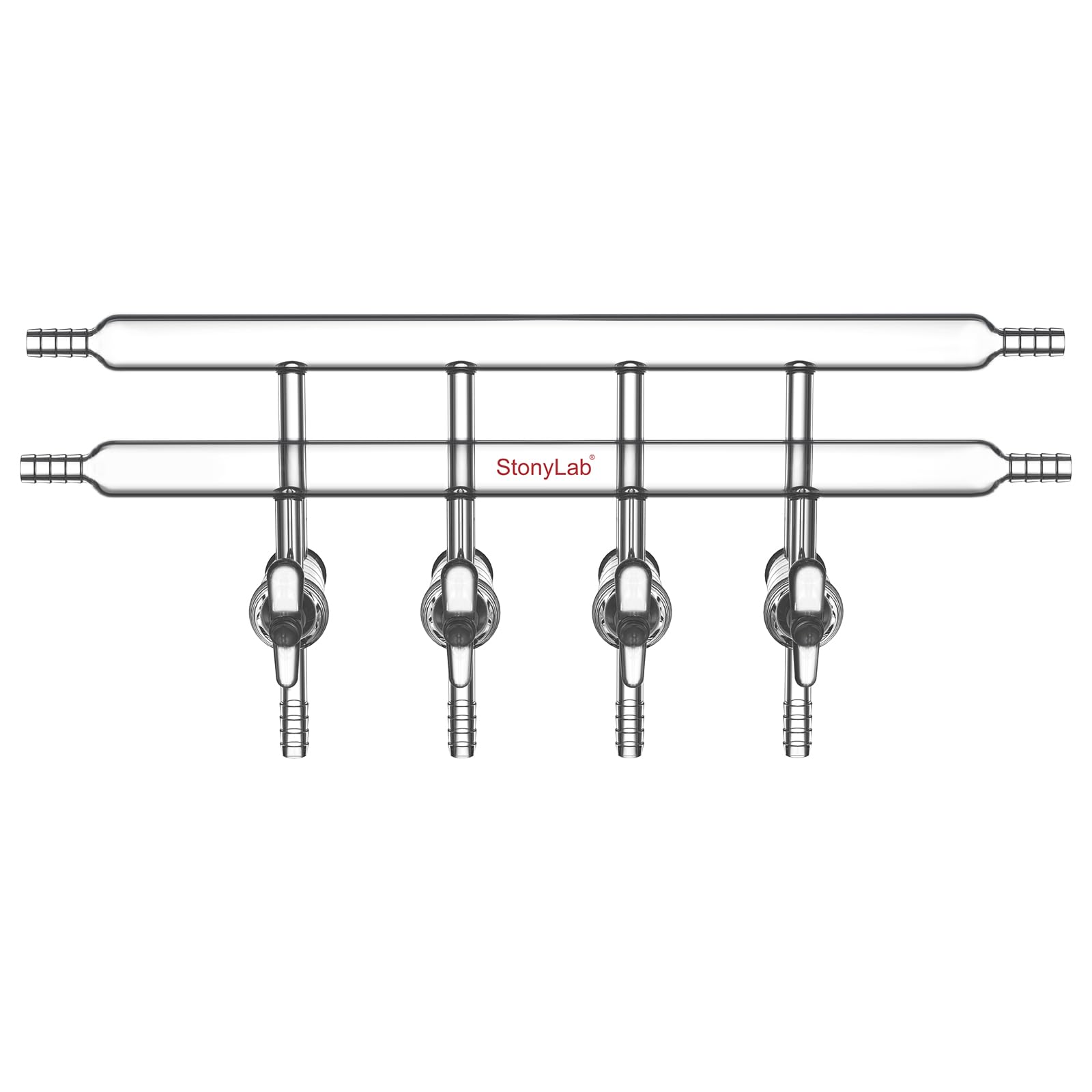 stonylab Collecteur à Double Vide en Verre, Verre Borosilicaté Collecteur à Double Banque de Gaz Sous Vide avec 4 Ports et 4 Stopcocks en Verre Gaz Sous Vide Distributeur pour Laboratoire Schlenk Line