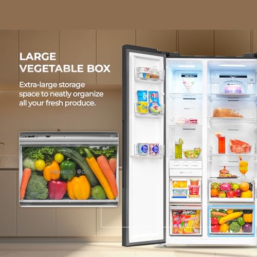 Image of Haier 596L Frost Free 2-Door Water Dispenser 3 Star Side by Side Refrigerator with Convertible, Wi-Fi, Inverter, Digital Display Panel, Deo Fresh Technology (HRS-682WGKU1, Graphite Black)