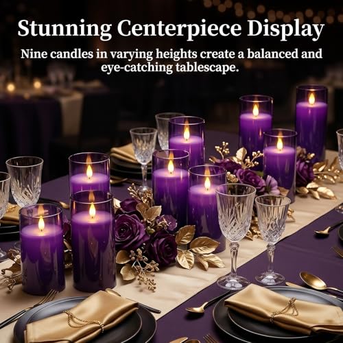 Image of Homemory Purple Flickering Flameless Candles, Battery Operated Acrylic LED Pillar Candles with Remote Control and Timer, Purple Decor, Set of 9