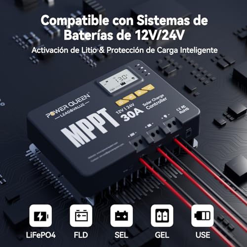 Regulador de carga solar MPPT 12V 24V 30A Power Queen Bluetooth LCD 8