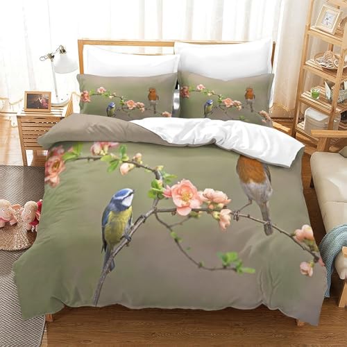 Parure de lit oiseaux printemps en microfibre 135x200cm pour lit simple