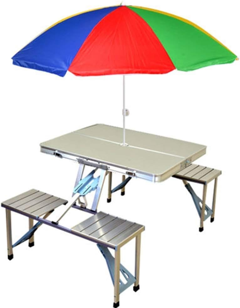 EMNDR New Heavy Duty Aluminium Portable Folding Picnic Table & Chairs Set with Umbrella