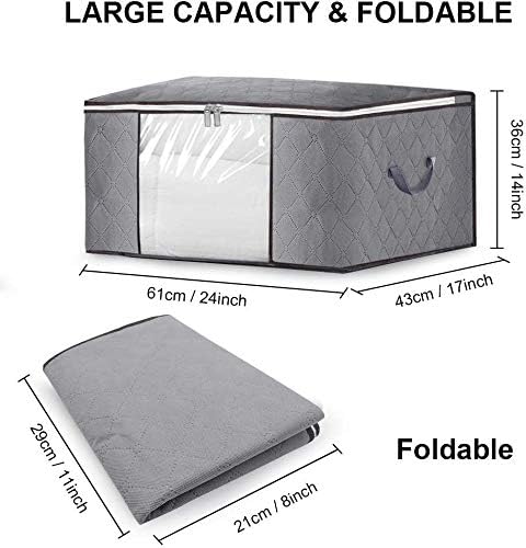 Large Capacity Clothes Storage Bag Foldable Organizers with Reinforced Handle for Comforters,Blankets,Pillow,Bedding,with Sturdy Zipper,Clear Window(Grey,4 Pack)