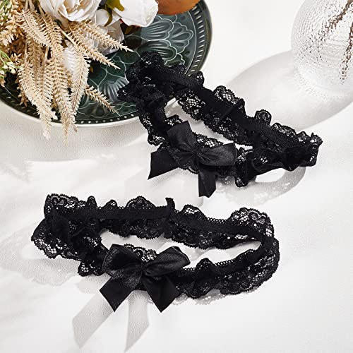 WEBEEDY 2Pcs Lace Wedding Garters for Bride Sexy Wedding Bridal Garter with Bow Party Prom Leg Garter Belt Tossing Thigh Garters Black Bowknot Elastic Leg Ring for Party Prom Birthday4