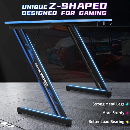 Image of 35 in Gaming Desk Z-Shaped Game Computer Desk with Hook Cheap PC Game Table Home Office Desks for Bed Sofa, Gaming Workstation for Kid, Easy to Install, Lightweight to Move, Blue