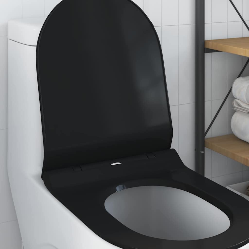Sedile WC moderno, nero, 48,5 x 36 x 5 cm, in polipropilene con superficie antibatterica e cerniere in acciaio inox, montaggio senza chiave per un'installazione rapida