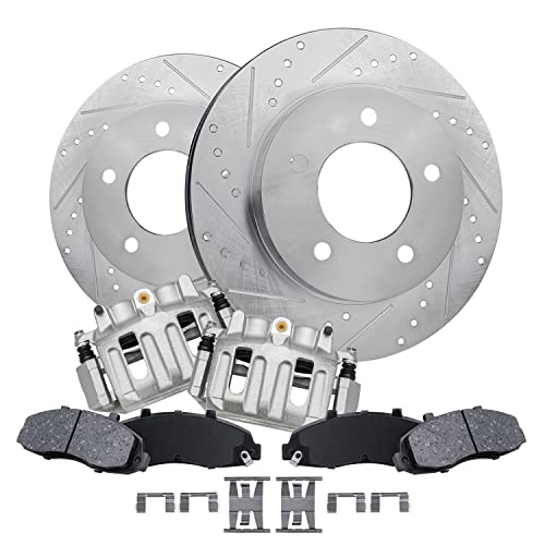 Image of Detroit Axle - 4WD 5 Lugs Front Drilled Brake Rotors + Brake Pads + | Calipers Replacement for 1997-2003 Ford F-150-6pc Set