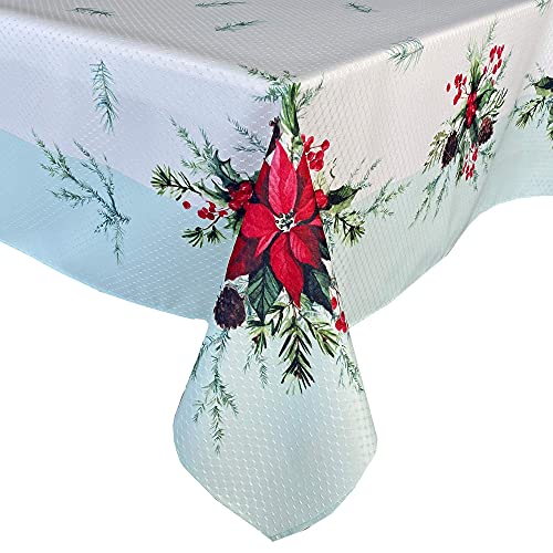 Lintex Holly Bough Stonewashed Border Traditional Christmas Tablecloth, Poinsettia And Holly Sprig Sage, Bordered Xmas Holiday Easy Care Fabric Tablecloth, 60 Inch X 102 Inch Oblong/Rectangle #TOP6
