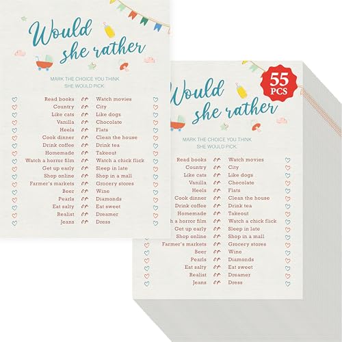 55PCS Baby Shower Game Cards, Would She Rather Bridal Wedding Shower Card Games Fun Baby Shower Party Games
