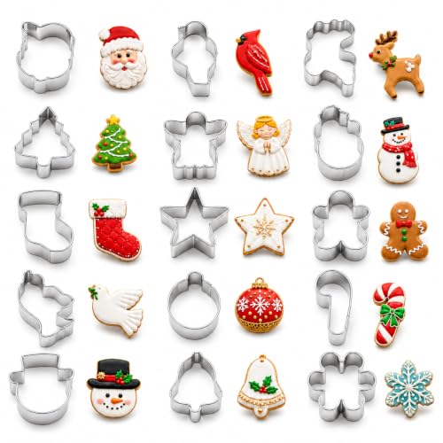 Mini Christmas Cookie Cutters Set 15 Pieces Stainless Steel Cookie Cutter Set for Baking -Christmas Tree,Snowman,Reindeer,Santa Face, Star,Stocking,Candy Cane ,Gingerbread Man and More