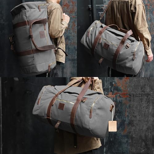 60L Travel Bags for Men, Nomad Canvas Duffle Bag Vintage Genuine Leather Travel Duffel Bag Multifunctional Weekender Overnight Backpack with Shoes Compartment (Grey, X Large-60L)2