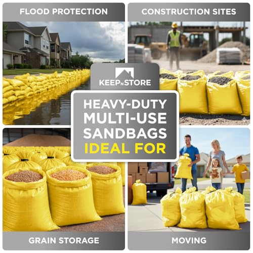 Heavy Duty Sand Bags Pack of 24, Bright Yellow Empty Sandbags with Built-In Ties, Woven Polypropylene UV Protection 1600 Hours, Fillable Bags for Flood Control, Weight, 36x48 inches, 175 Pounds Volume by Keep N Store - Used condition - Image 9