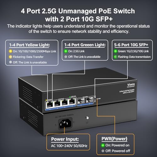 Image of 6-Port 2.5G PoE Switch Unmanaged, 4X 2.5GBase-T PoE Ports, 2X 10Gbps SFP, 4 Port PoE Switch 60Gbps Switching Capacity, Support IEEE802.3af /at, Metal Housing, Fanless, Desktop /Wall Mount 2.5Gbe Switch