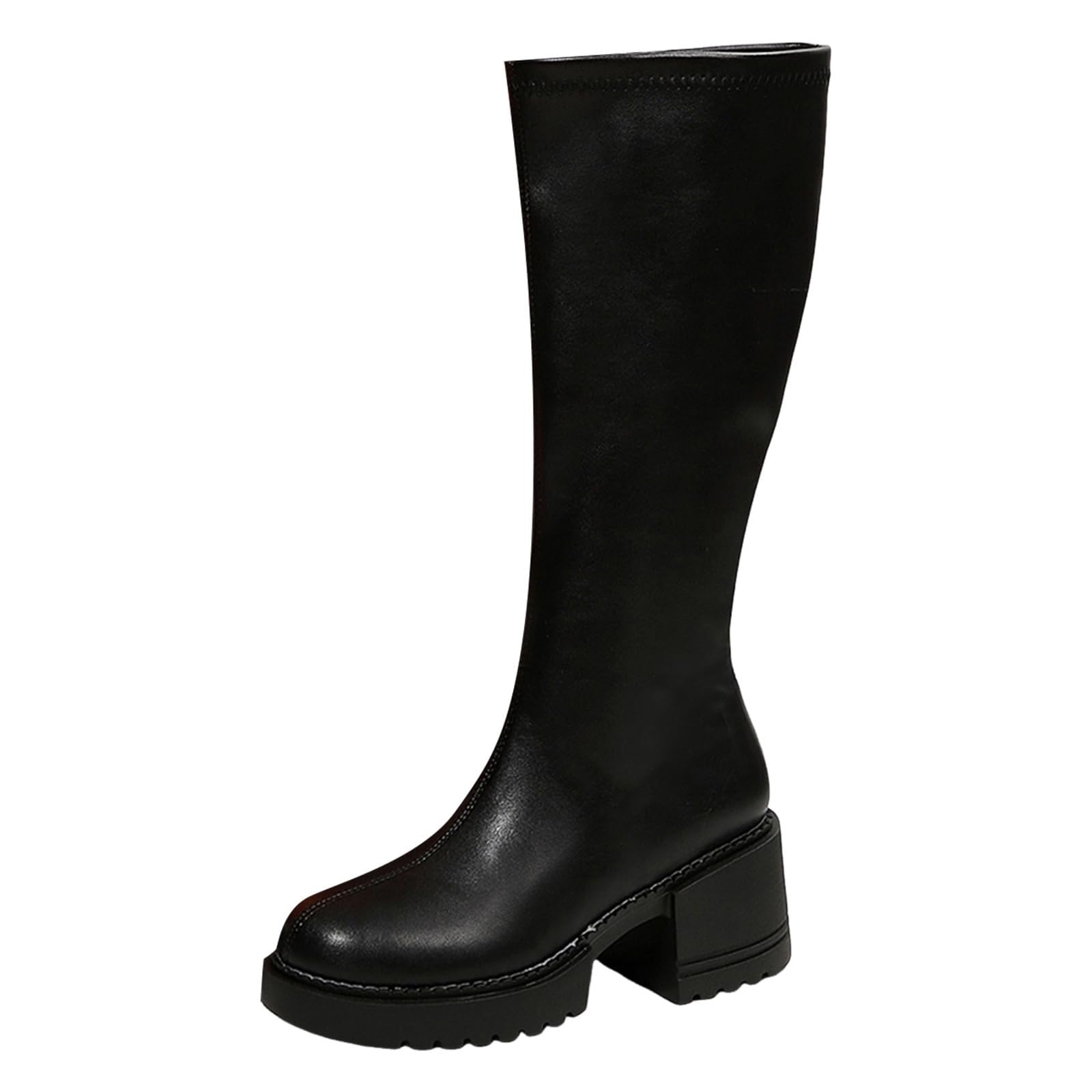 Knee High Boots Women Faux Leather Elastic Boots Platform Square Toe Chunky Block Heel Fall Long Tall Boot
