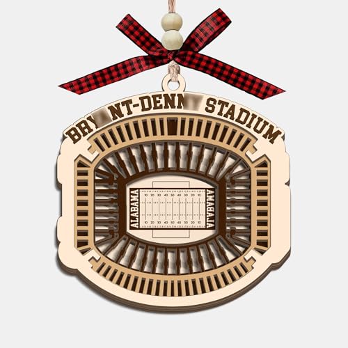 CoCray66 Alabama Stadium Wooden Ornament College Football Stadium 4 Layer Wood Christmas Tree Ornament with Red Bow and Beads Travel Souvenir Gift for Sports Fans Friends