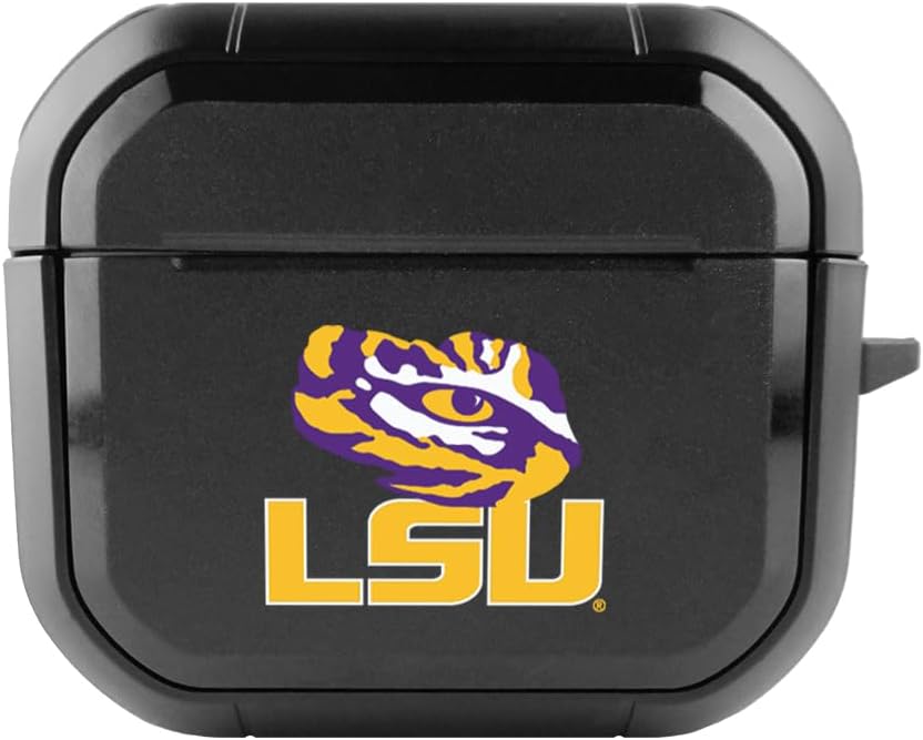 Collegiate Durable Black Cover with Carabiner for Apple Airpods 4 Case - LSU Tigers