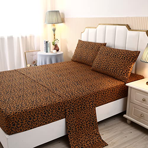 Sdy 4Pcs Leopard Bedding Sheets Queen Size Leopard Print Sheet Set Included 1 Fitted Sheet With 14'' Deep Pocket + 1 Top Flat Sheet + 2 Pillowcases For Kids Boys Girls (Leopard,Queen) #TOP1