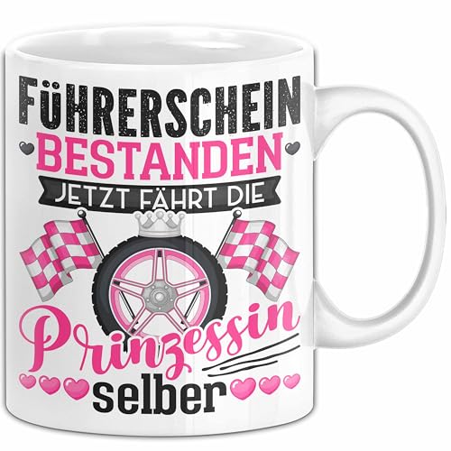 F&uuml;hrerschein Bestanden Geschenk Tasse Bestandener F&uuml;hrerschein Jetzt F&auml;hrt Die Prinzessin Selber Motorrad Bike Fahrschule Kaffee-Becher (Wei&szlig;)