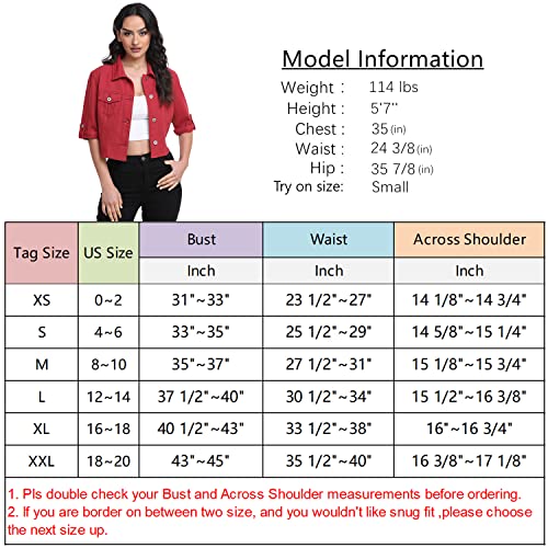 Miss Moly Women Cropped Denim Jackets 3/4 Sleeve Retro Short Jean Coats Burgundy 2Xl #TOP6