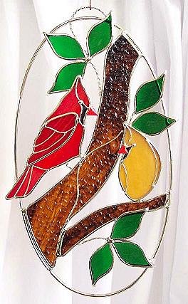 Cardinal Couple in Stained Glass Oval Ring