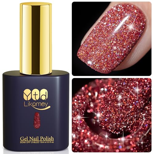 YTD Likomey Esmaltes Semipermanentes Reflectante Brillantina Glitter,15ml Rojo Intenso Pintauñas Permanentes de Uñas en Gel UV Purpurina,Esmalte de uñas con Brillo de Diamante