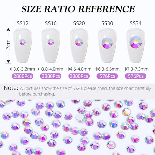 Image of Crystal AB Flatback Rhinestones SS12 (2.9-3.0mm), 2880pcs Glass Nail Gems, Non Hotfix Rhinestones for Nails, Crafts, Clothing, DIY Bling Decorations