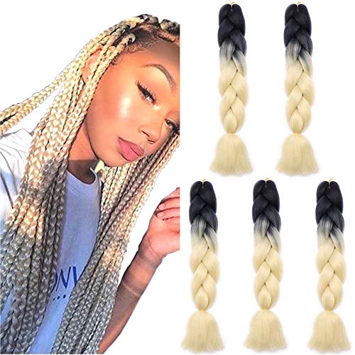 24"(60cm) SEGO 5PCS Extensiones de Pelo Sintético para Trenzas Africanas [Negro & Beige] Cabello Se Ve Natural Crochet Braiding Hair (500g)