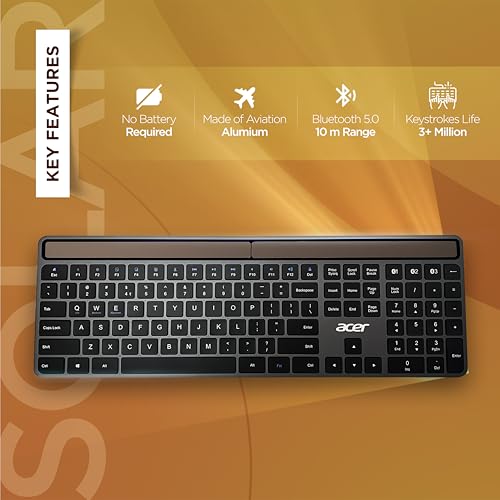 Image of Acer Solaris Solar Powered Bluetooth Keyboard, 109-Key Wireless Keyboard with Super-Capacitor, Multi-Device BT 5.0, Type-C Emergency Charging, 10m Range, for Windows, Mac, Android, Space Grey