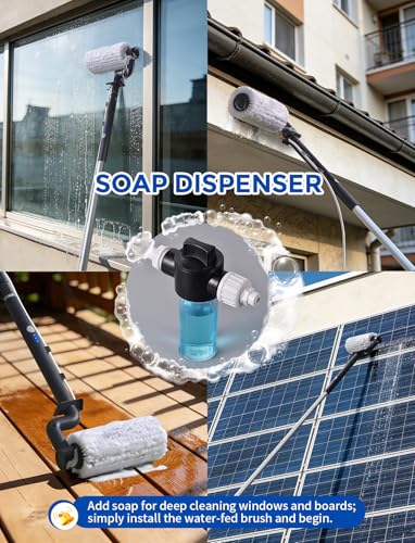 Image of Electric Solar Panel Cleaning Kit, 20FT Solar Panel Cleaning Brush and Pole with Soap Dispenser, Telescopic Water Fed Pole, Solar Panel Cleaner Solution for Windows, Roof, RV