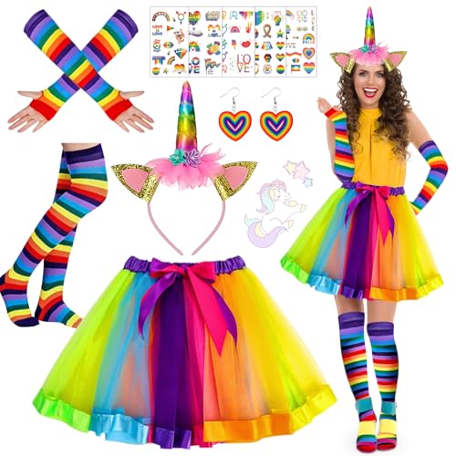 6er Regenbogen Kostüm Damen, Einhorn kostüm erwachsene,Tüllrock Regenbogen Damen, Einhorn Horn Stirnband, Kniestrümpfe Streifen,Ohrringe,Aufkleber...