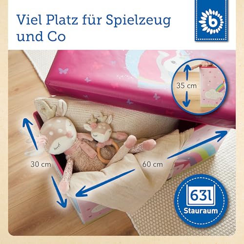 Bieco Aufbewahrungsbox mit Deckel | Einhorn 60L, faltbar | ca. 60x30x35cm | Spielzeugkiste mit Deckel | Aufbewahrungsbox Kinder | Kisten mit Deckel | Aufbewahrungsbox Groß | Wickeltisch Organizer