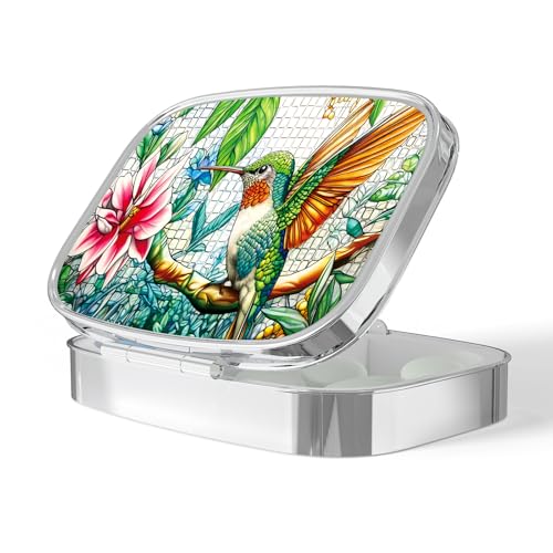 Image of Pill Box-2 Compartment Small Pill Case Portable for Pocket & Purse Single Pill Carrier Pill Container to Hold Vitamins Medication Fish Oil and Supplements BPA-Free(Hummingbird)