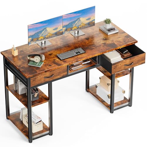 DUMOS 48' Small Computer Home Office Desk for Bedroom with Drawers, Gaming Writing Study Table with Storage Shelf, Adjustable Feet, Metal Frame Natural Brown